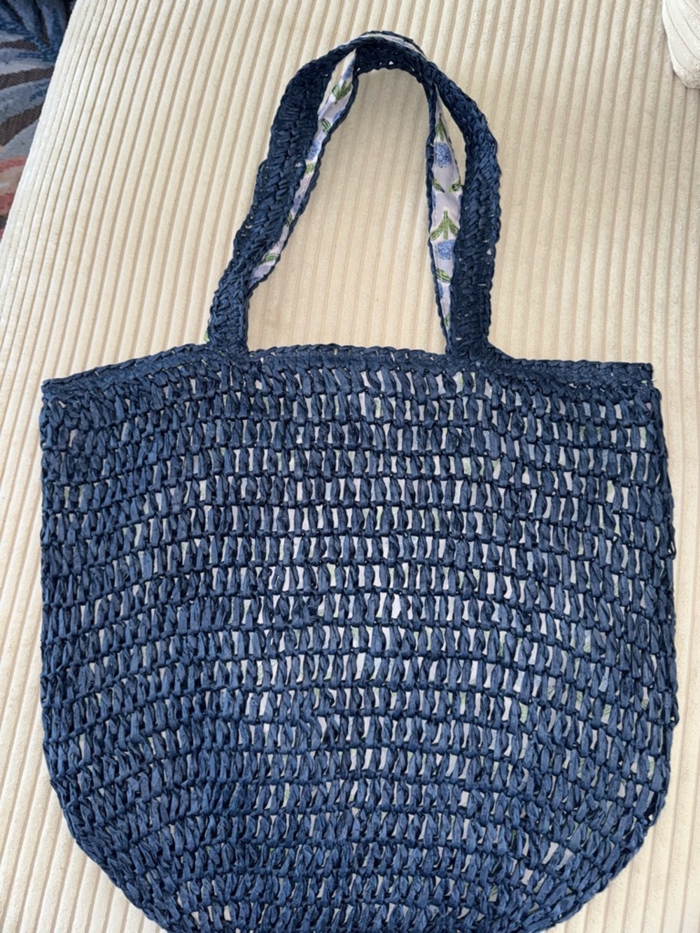 johnnie-O Navy Woven Straw Tote with Floral-Trim Handles